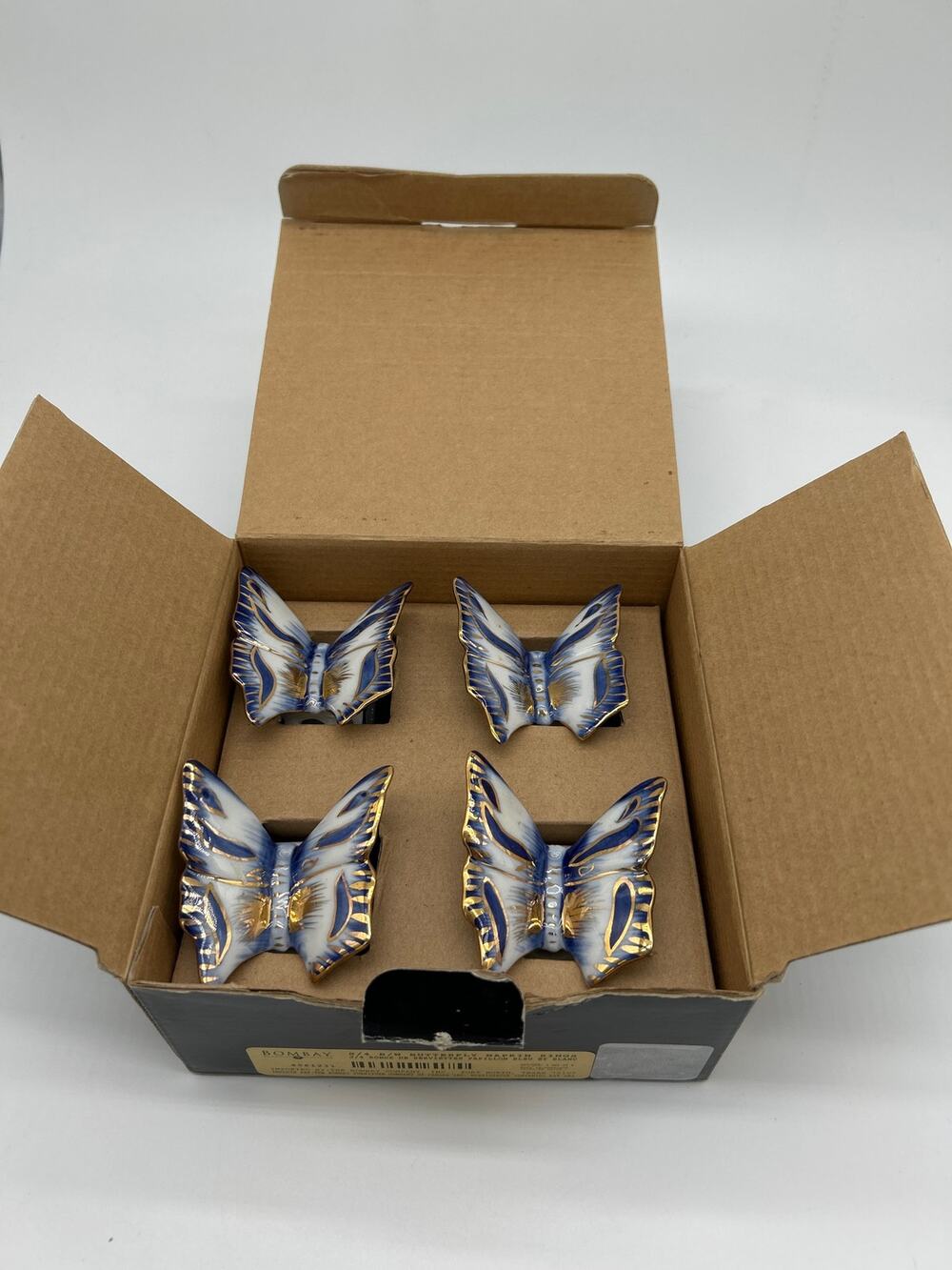 Bombay Set of 4 Blue White Butterfly Napkin Rings Porcelain Gold Trim in Box